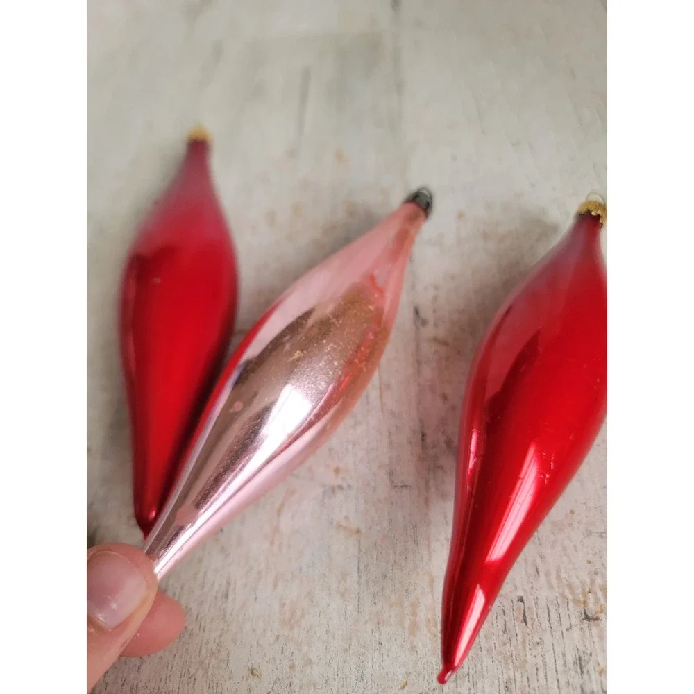 Pink red abstract blown glass ornament vintage Xmas set Valentine